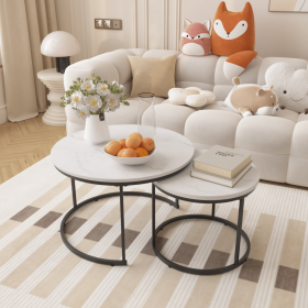 27.6" Nesting Coffee Table Set of 2, Round Coffee Table Wood Marble Pattern Top with Sturdy Metal Frame