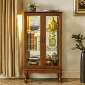 Cabinet Lighted Display Cabinet with Adjustable Shelves and Mirrored Back Panel, Tempered Glass Doors (Oak, 3 Tier), (E26 light bulb not included
