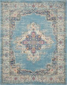 8' X 10' Blue And Ivory Southwestern Distressed Area Rug
