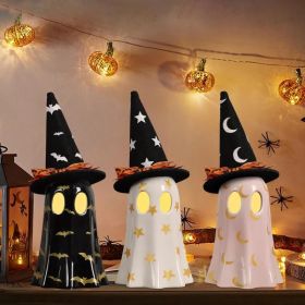 Halloween Decor Indoor, Set Of 3 Ceramic Ghosts With Witch Hats, Cute Spooky Ghost Figurines For Mantel, Shelf & Tabletop Decor (Option: defaulttitle)
