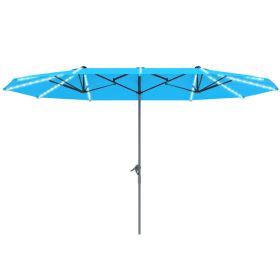 15 ft Double-Sided Outdoor Umbrella With Solar Lights, Extra Large Aluminum Patio Umbrella With Crank, Blue (Option: Blue)