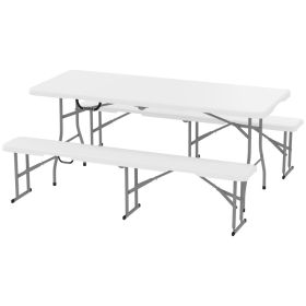 6 FT 3 PCS Portable Camping Table And Chairs, Folding Picnic Table Bench Set With Carrying Handles For BBQ, Party, White (Option: White)