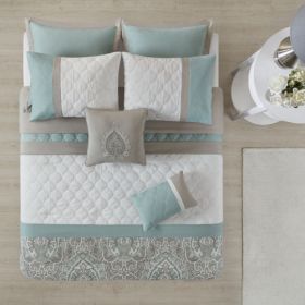 Queen 8 Piece Comforter Set - Seafoam, grey and white with damask pattern (Option: Seafoam)