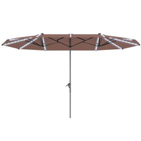 15 ft Double-Sided Outdoor Umbrella With Solar Lights,  Extra Large Aluminum Patio Umbrella With Crank, Tan (Option: Tan)