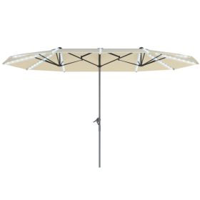 15 ft Double-Sided Outdoor Umbrella With Solar Lights, Extra Large Aluminum Patio Umbrella With Crank, Cream White (Option: White)